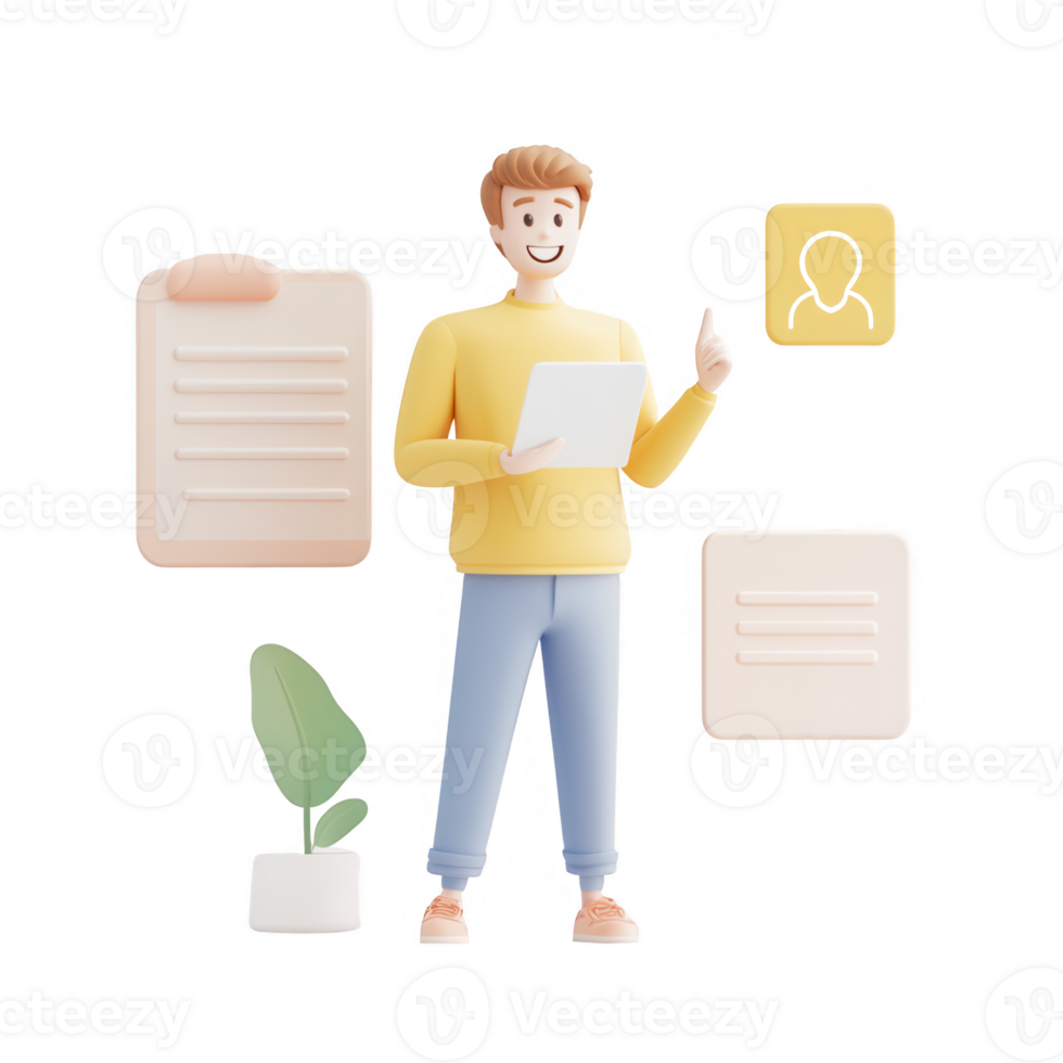 A cheerful young man holding a document, surrounded by modern graphic elements. png