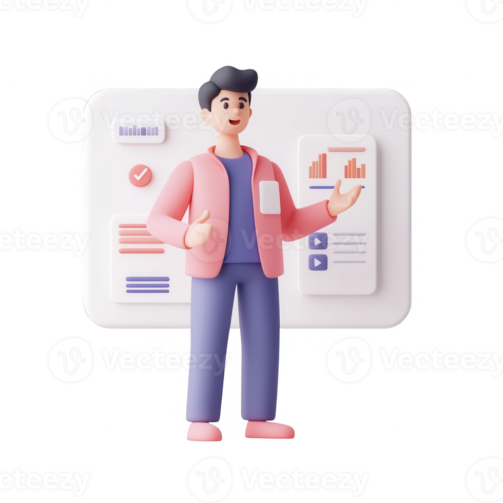A cheerful young man presenting data analytics and visualization on a digital interface. png