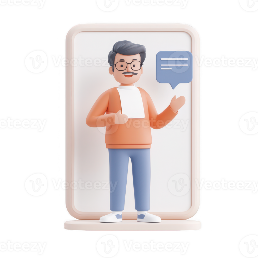 A friendly character giving a presentation with a speech bubble in a modern setting. png