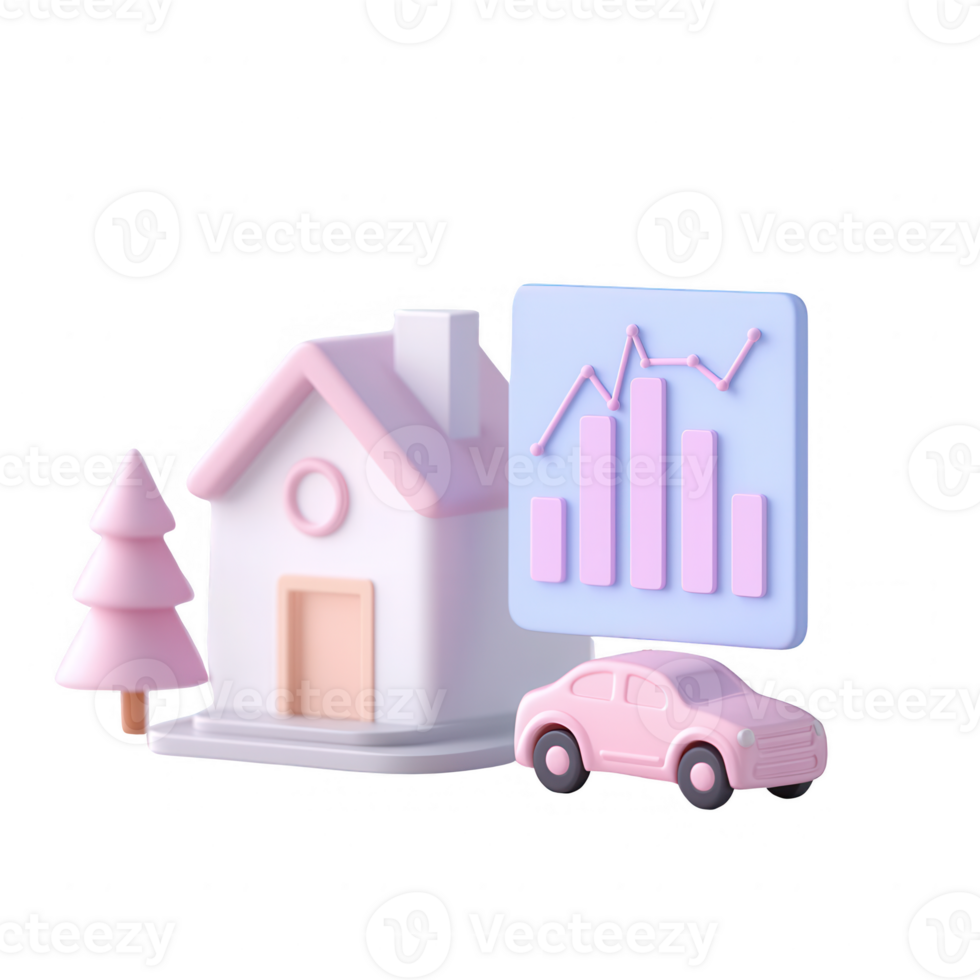 A modern home, car, and financial graph, representing real estate investment. png