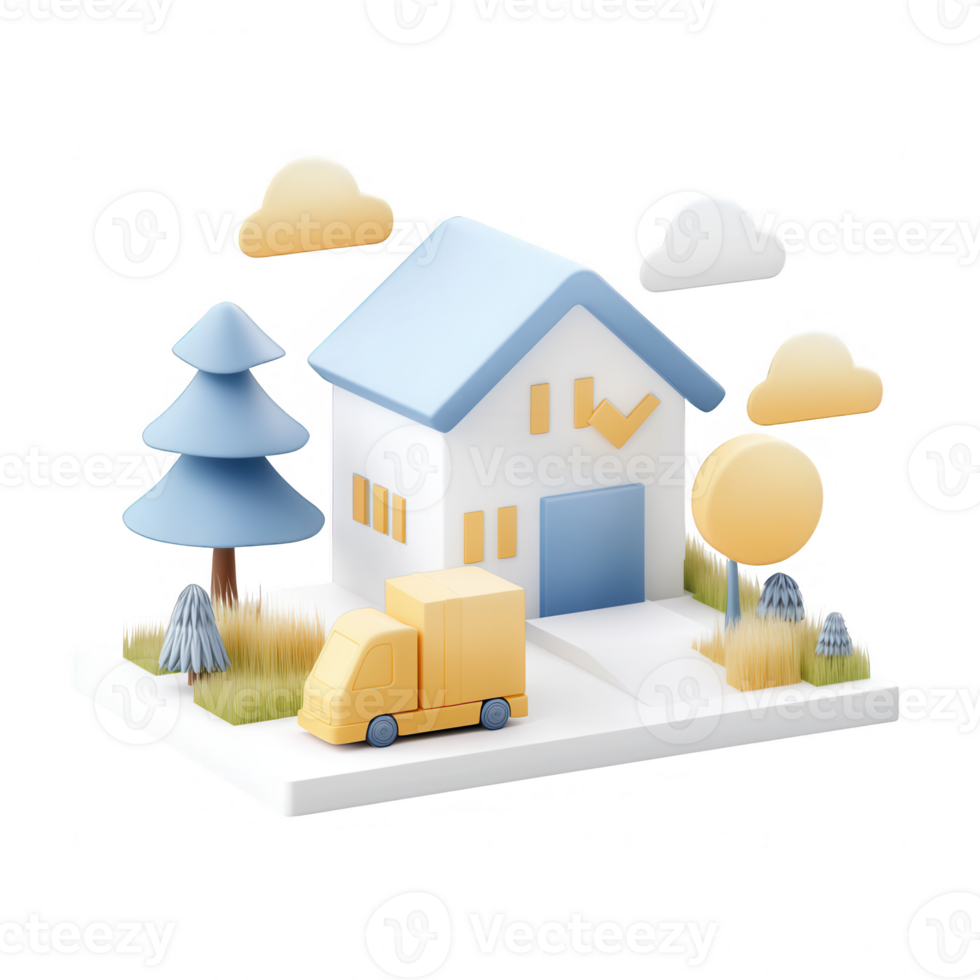 A modern house with a delivery truck surrounded by trees and a sunny sky. png