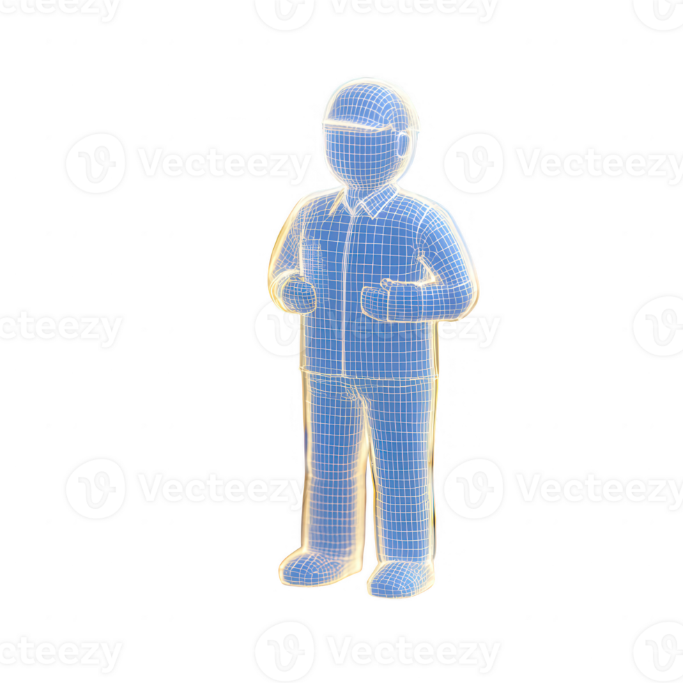A futuristic wireframe model of a standing person with a glowing outline. png