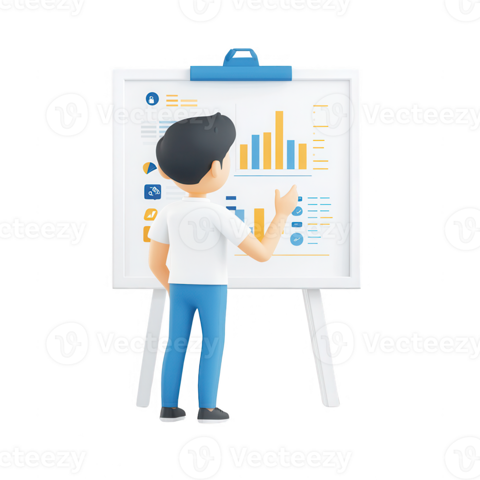 A person analyzing data on a presentation board with charts and graphs. png