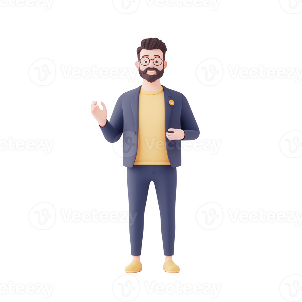 A professional man with glasses standing with a smartphone, ready for interaction. png