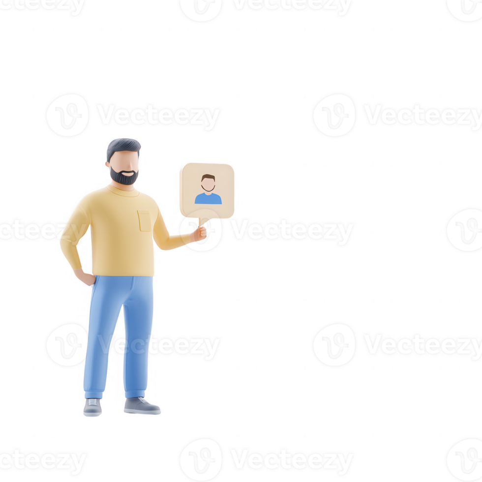 A man holding a sign with a user icon, representing digital identity and connections. png