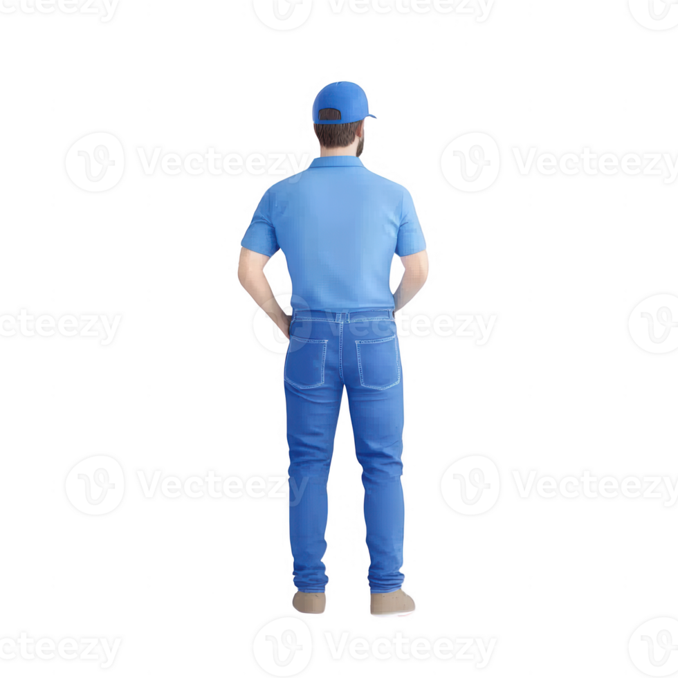 A man in a blue uniform stands confidently, ready for action, from the back. png
