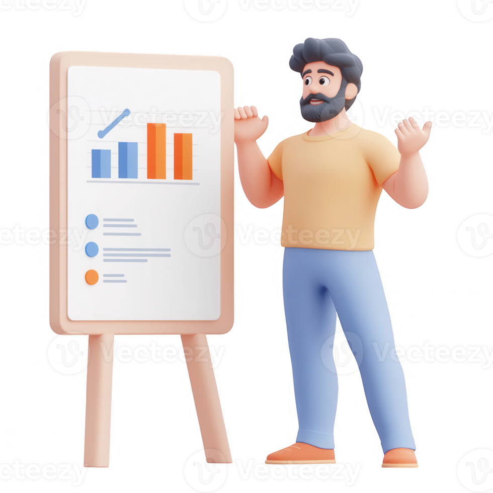 A man presenting growth data on a board, showcasing success in business strategies. png