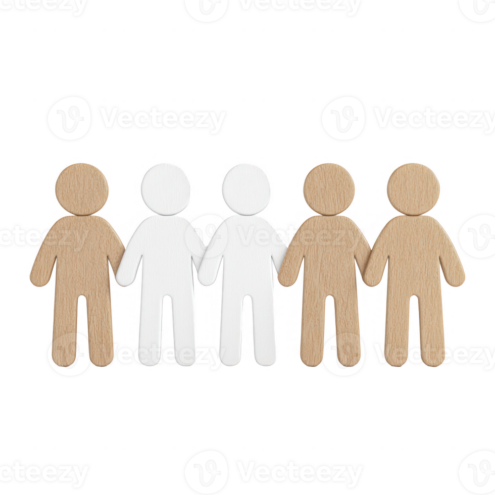 Diverse wooden figures symbolizing unity and diversity, standing together in harmony. png
