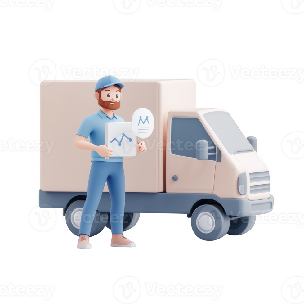 Delivery person with truck showcases growth chart for logistics and transport analysis. png