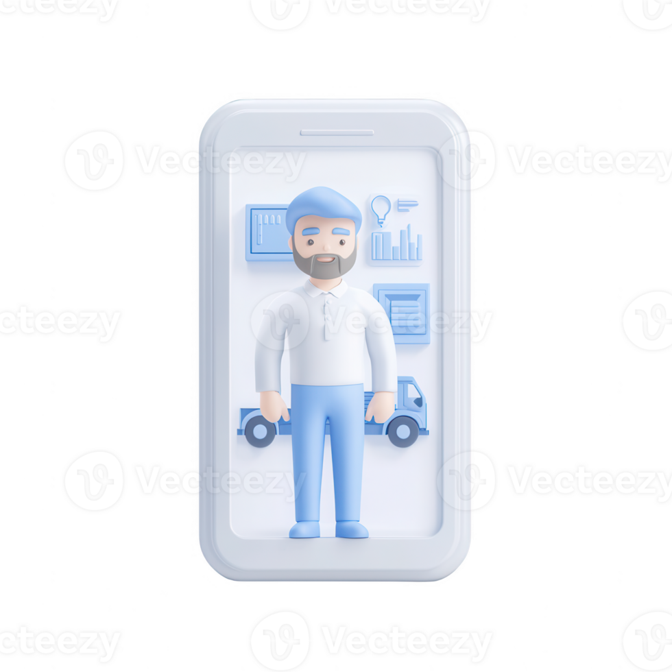 A stylized mobile interface showcasing a character with business graphics. png