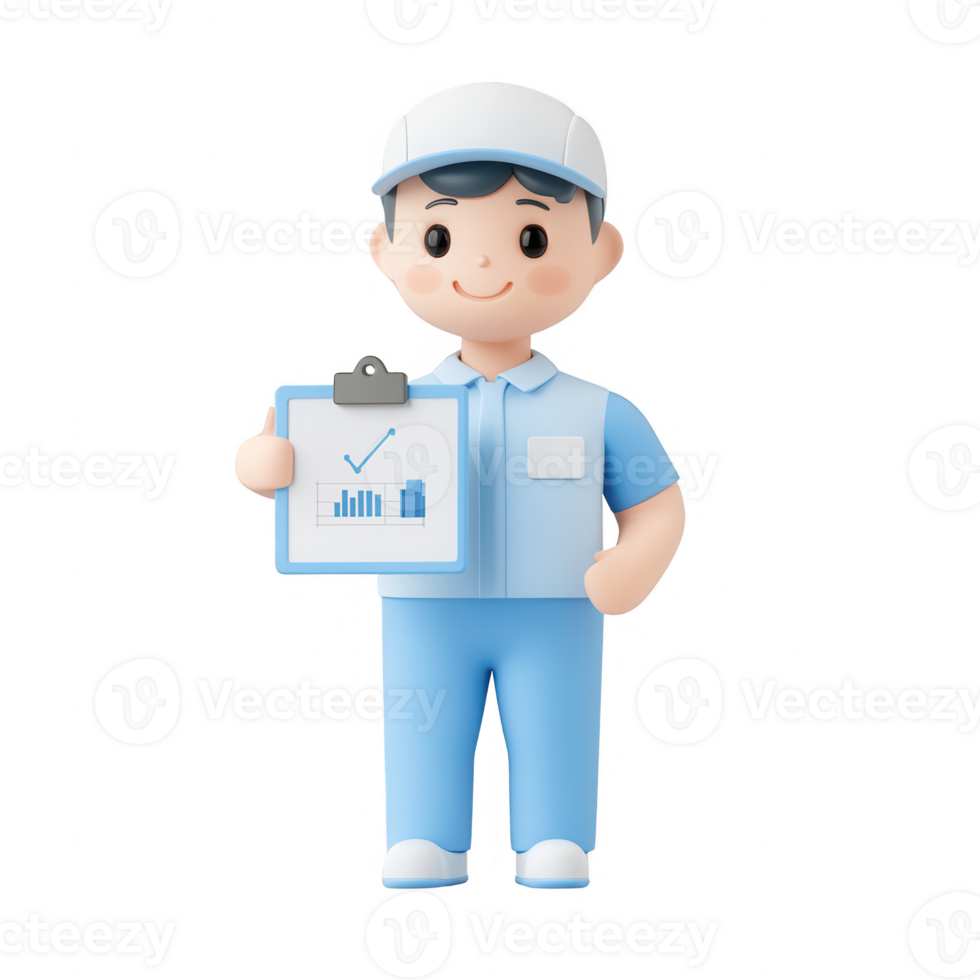 Friendly employee holding a clipboard with graphs, representing teamwork and analytics. png