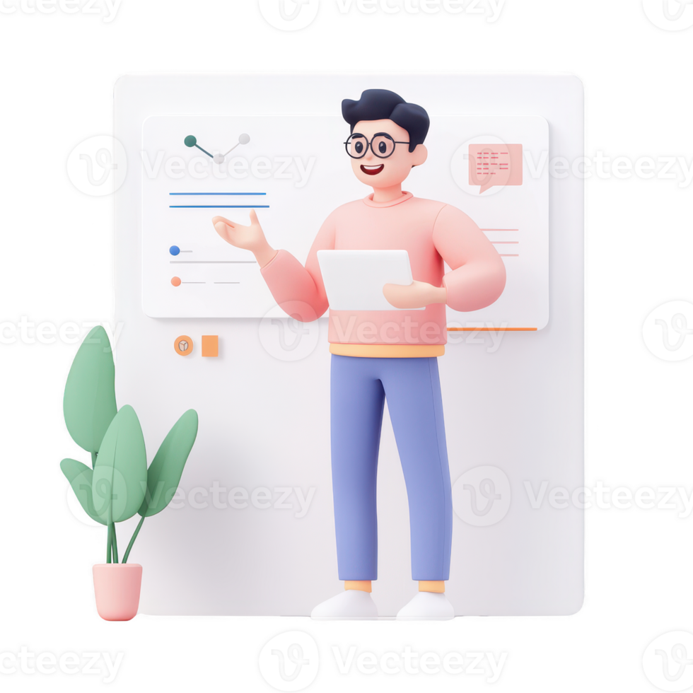 A young professional presenting data insights in a modern office environment. png