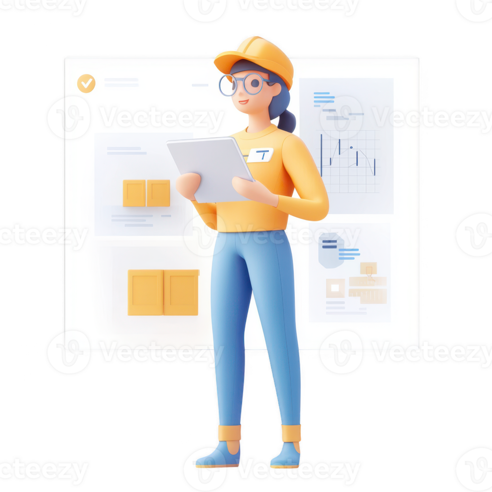 A woman analyzing reports with graphs and charts in a modern workplace setting. png