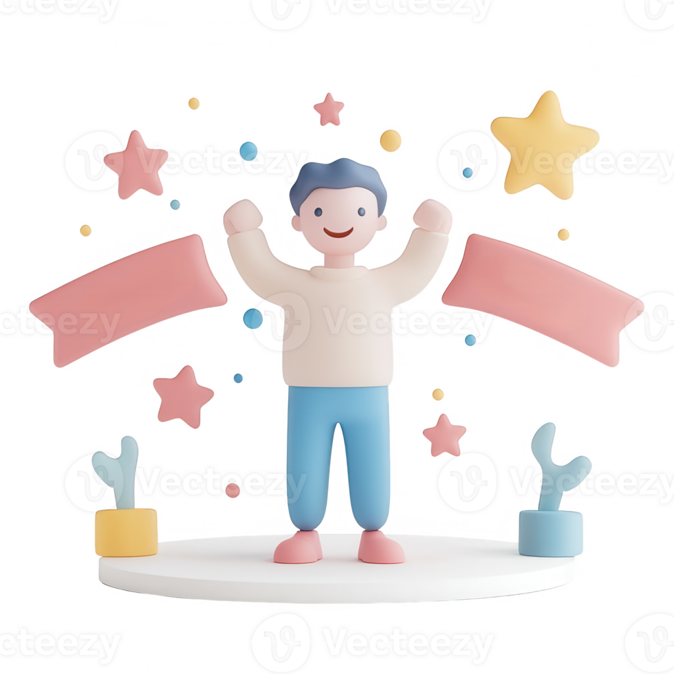 Cheerful character celebrating with vibrant elements and decorations around. png