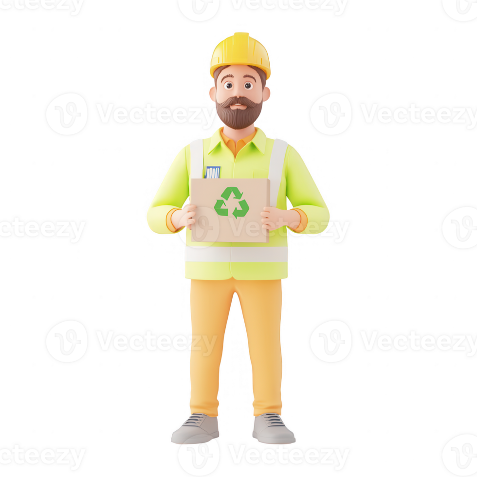 Cartoon worker promoting recycling with a cardboard sign featuring a recycle symbol. png