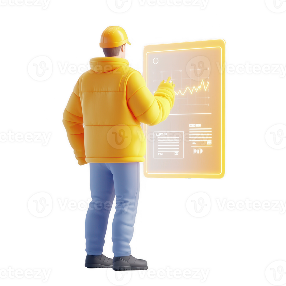 A construction worker analyzing data on a digital tablet, showcasing modern technology. png