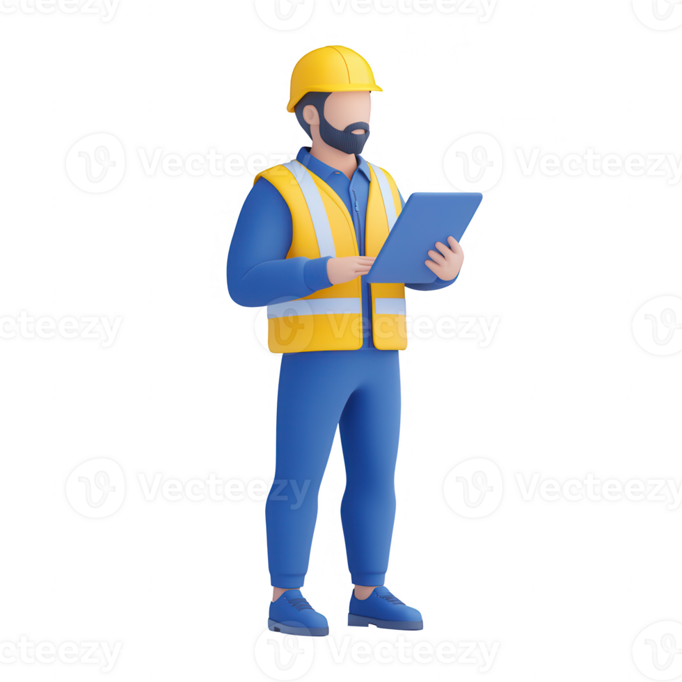 A construction worker using a tablet to manage project tasks on-site. png