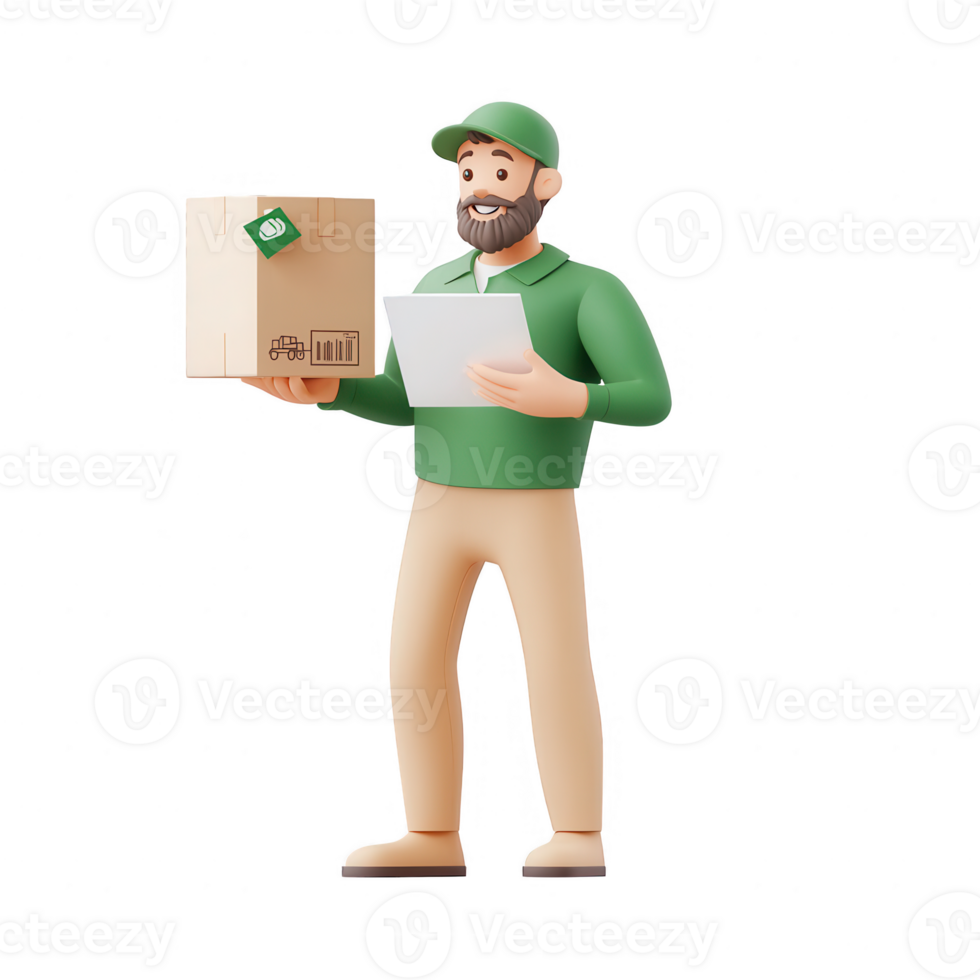 A delivery worker holding a package and checking a delivery note with a smile. png