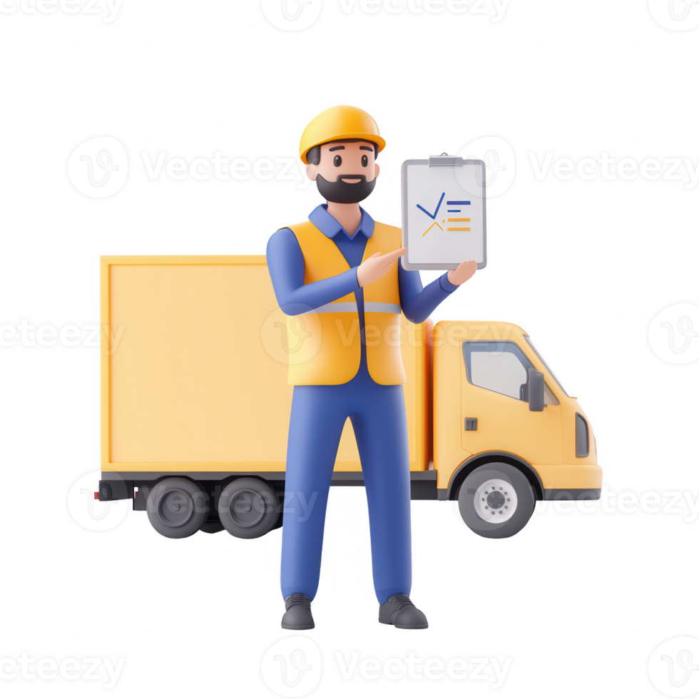 A delivery man holding a clipboard next to a yellow delivery truck. png