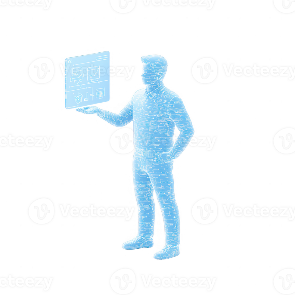 A digital representation of a person showcasing virtual data on a screen. png