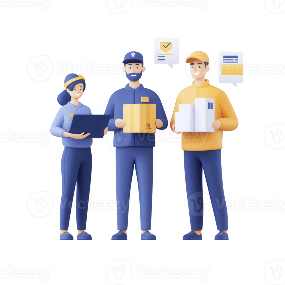 Team of delivery workers collaborating to ensure efficient package handling and delivery. png