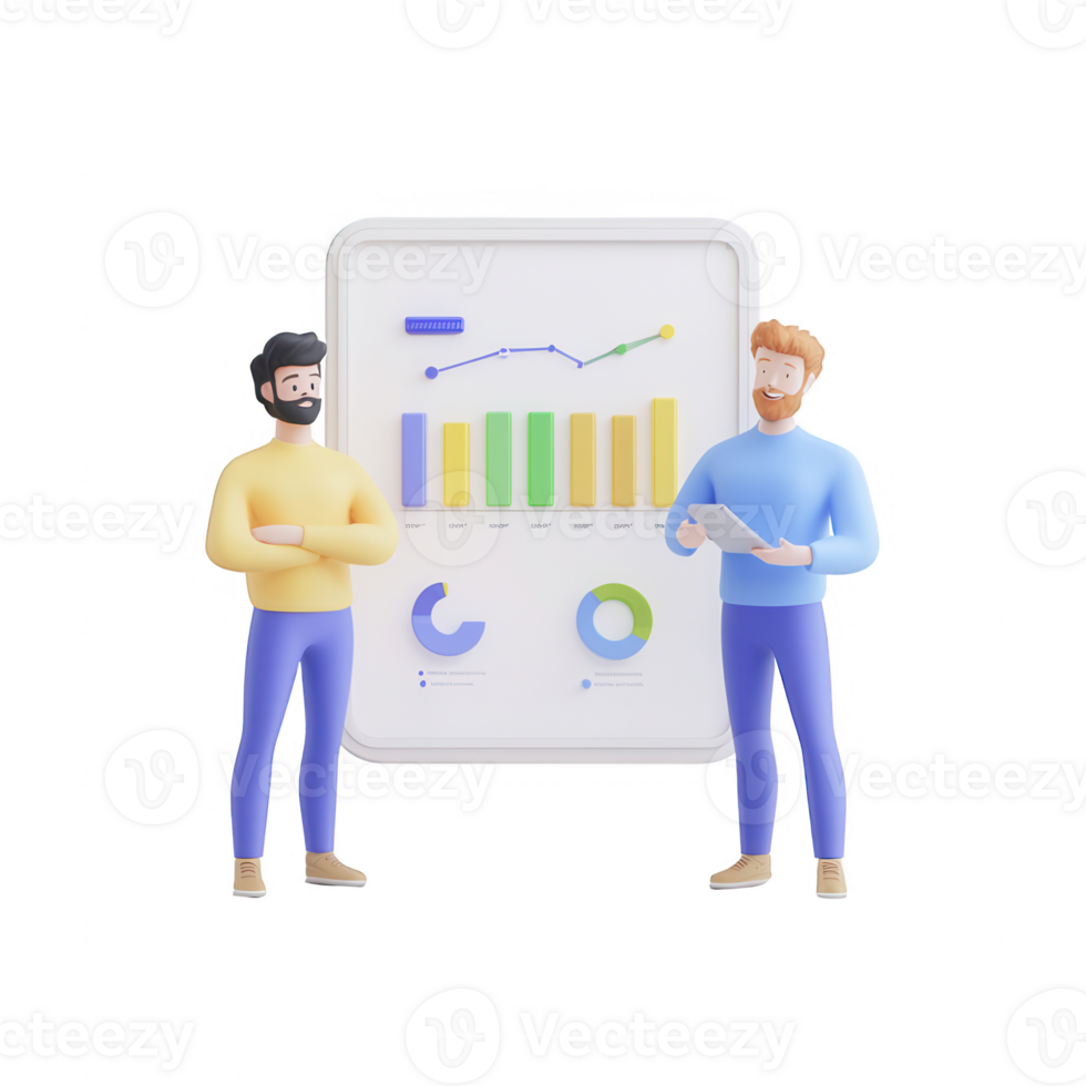 Two professionals discussing data trends and graphics on a digital screen. png