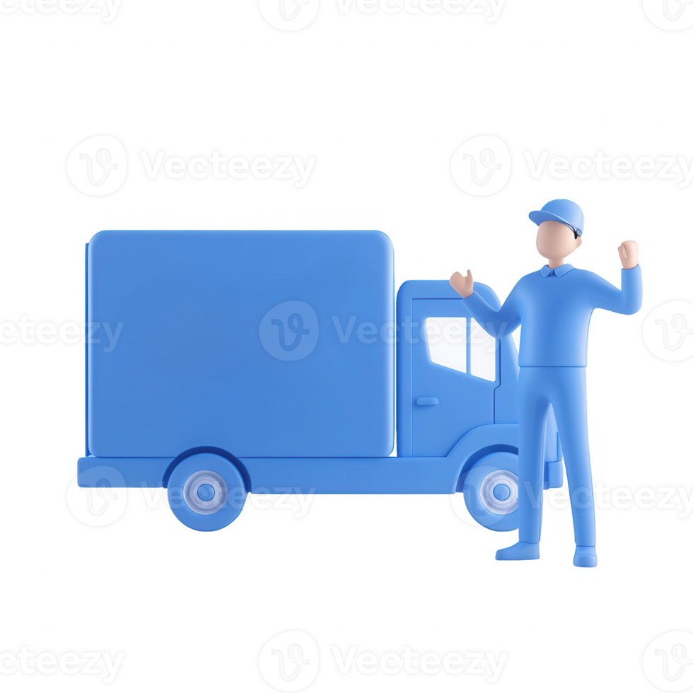 A blue delivery truck with a driver, symbolizing logistics and transportation services. png