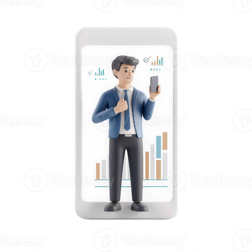 A 3D character holding a smartphone while analyzing financial data and charts. png