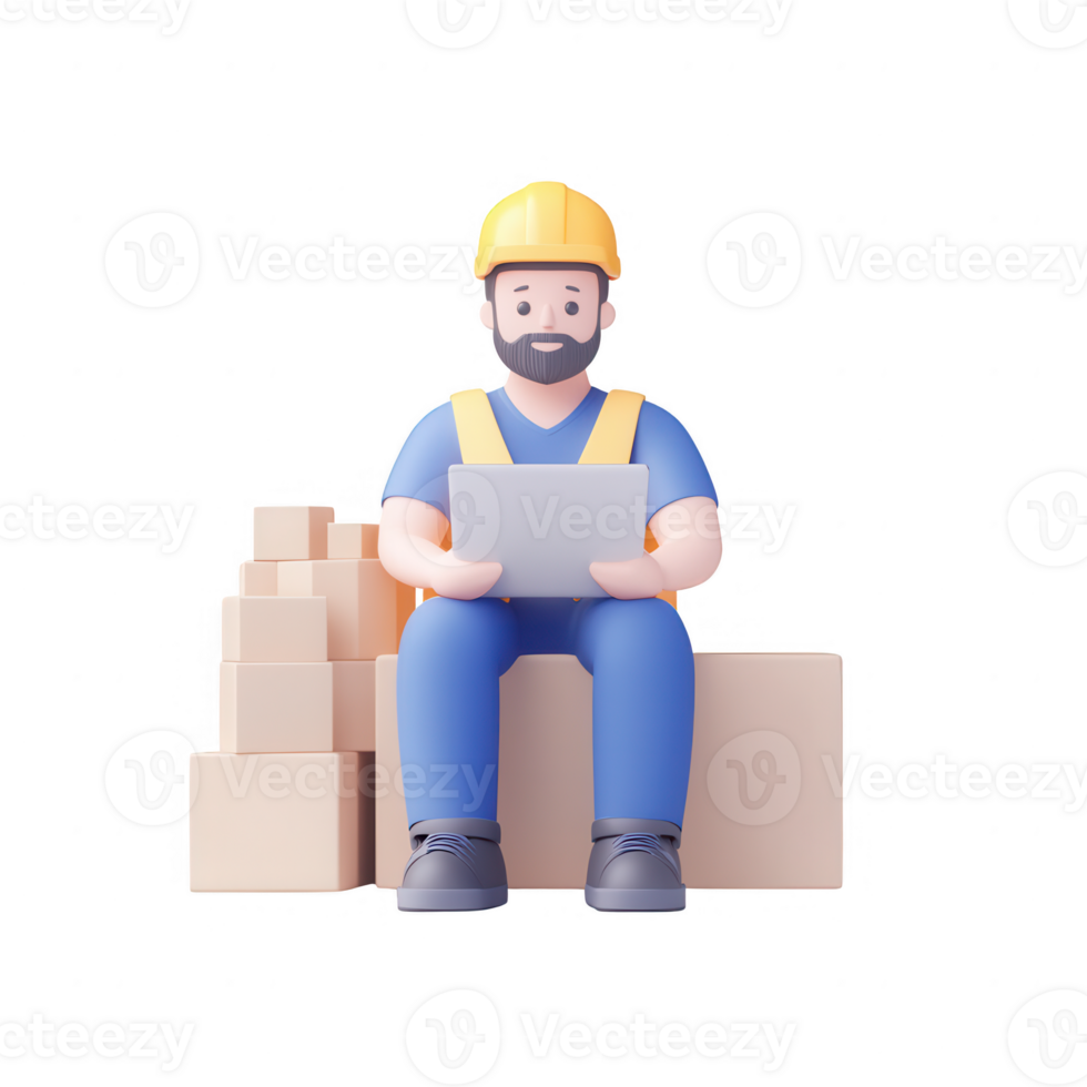 A cartoon construction worker analyzing data on a tablet while sitting on boxes. png