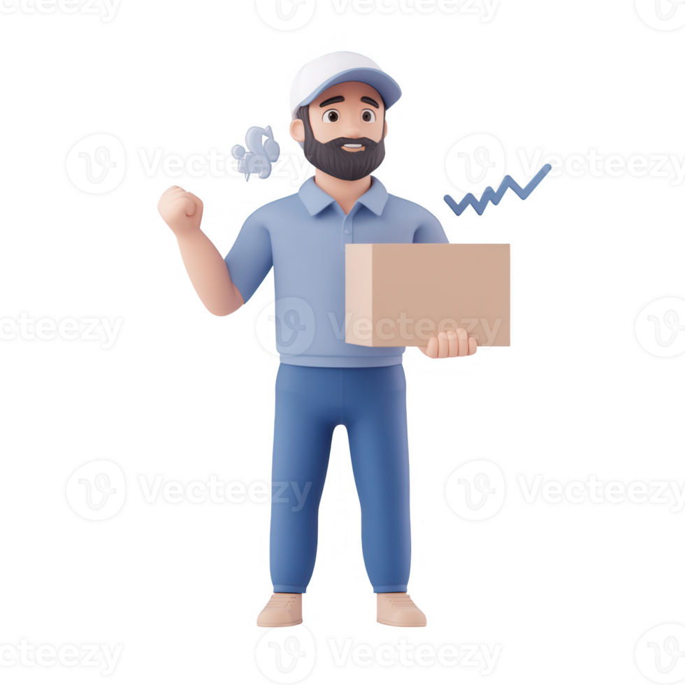 A friendly delivery person holding a package and smiling confidently. png