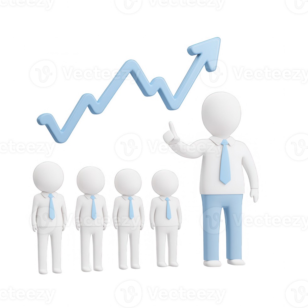 A businessman presenting growth trends to his team with an upward graph. png