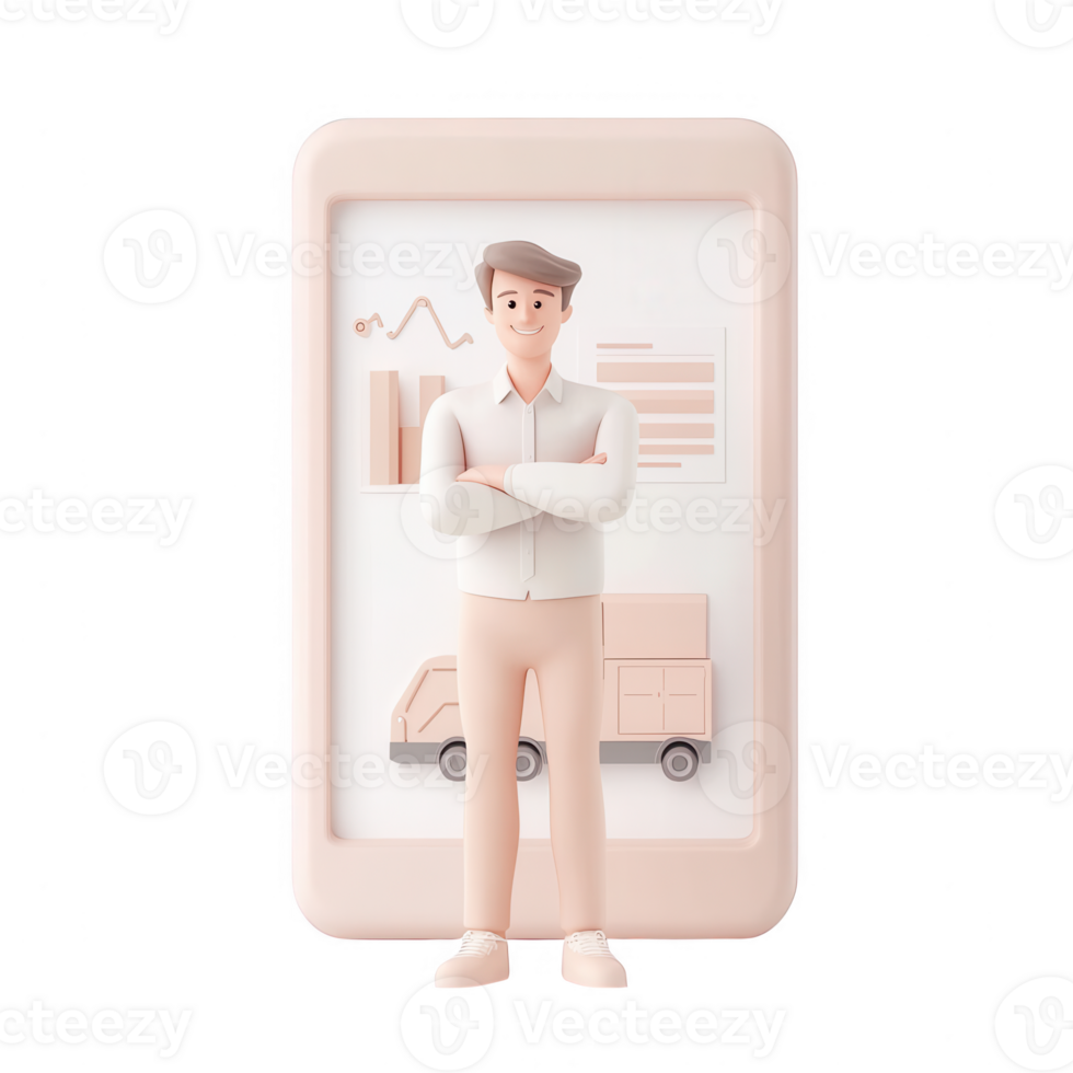 A businessman confidently stands in front of a digital interface showcasing analytics. png