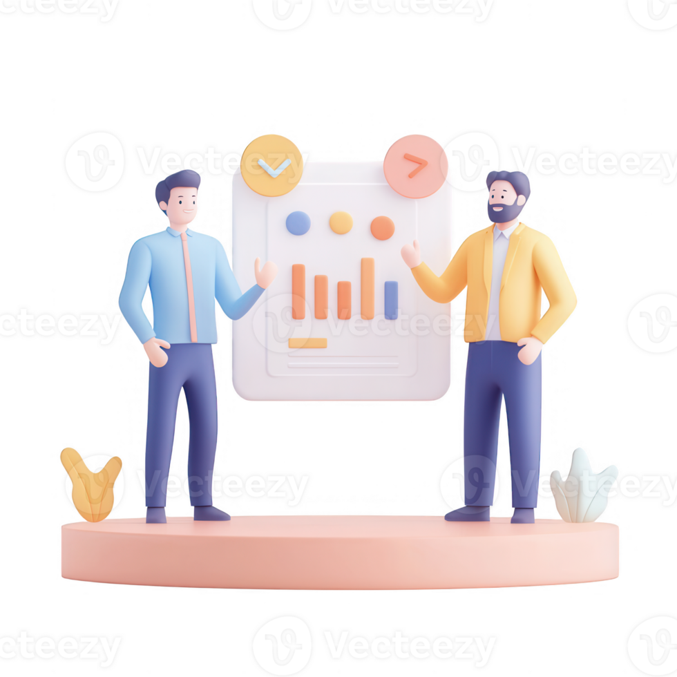 Two professionals presenting a data analysis report with colorful graphs in a meeting. png