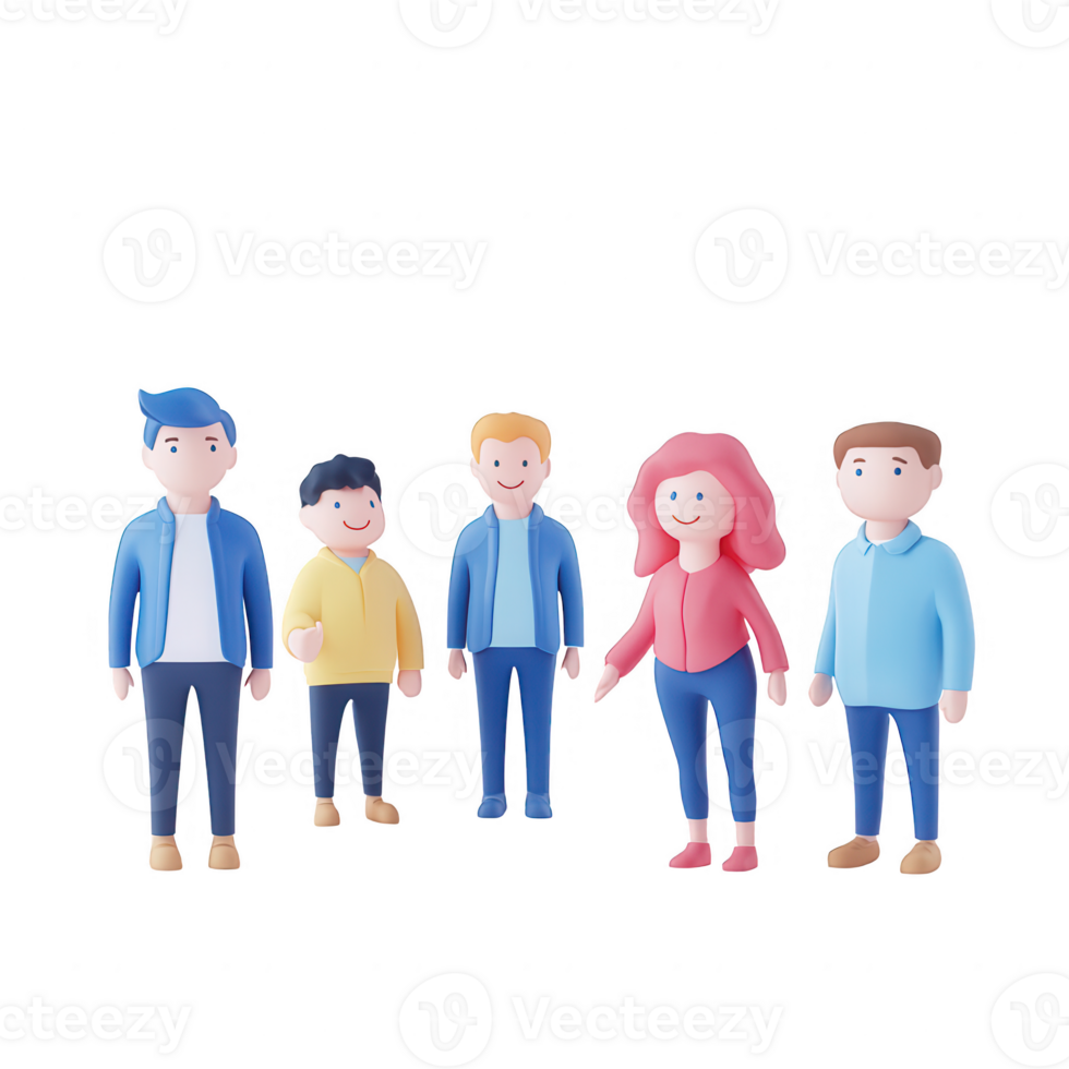 A diverse group of five cartoon-style characters standing together. png