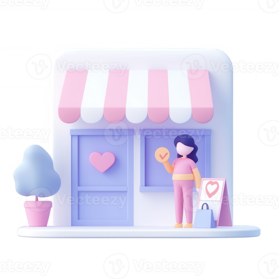 Charming storefront with woman, sign, and tree in a colorful design, inviting shoppers inside. png