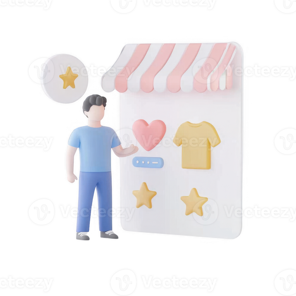 Character interacts with a digital storefront, highlighting user preferences and favorites. png
