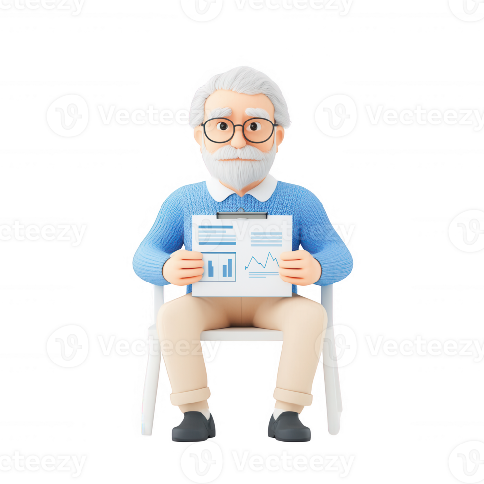 Elderly man sitting with documents showcasing graphs and data analysis. png
