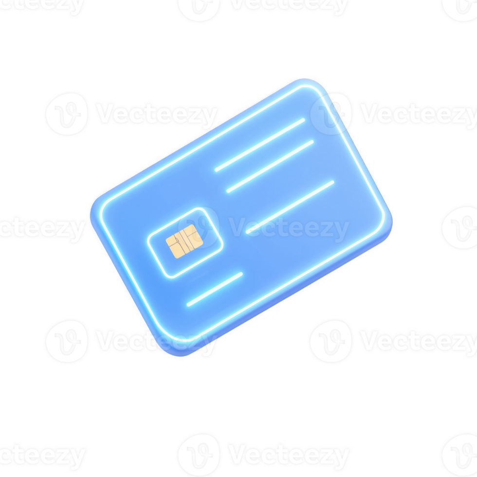Futuristic blue glowing credit card showcasing modern banking technology. png