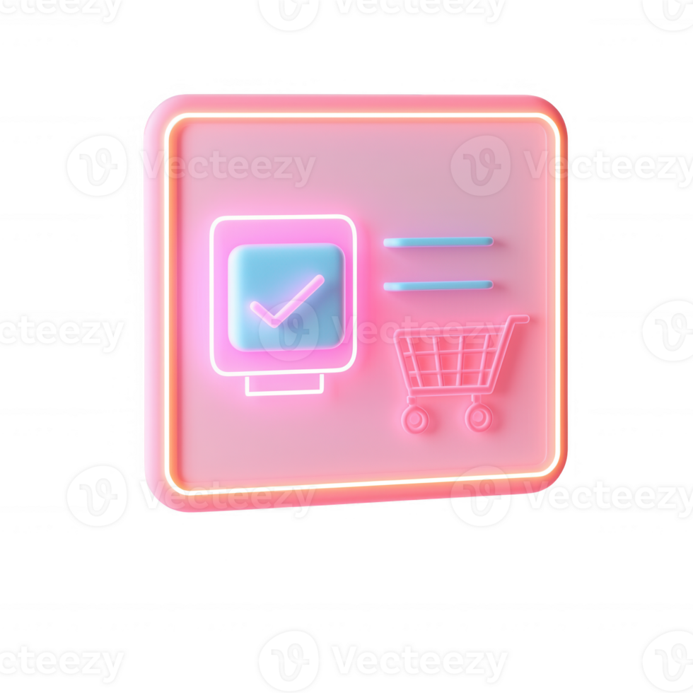 Futuristic neon checkout icon with a shopping cart and verification check. png