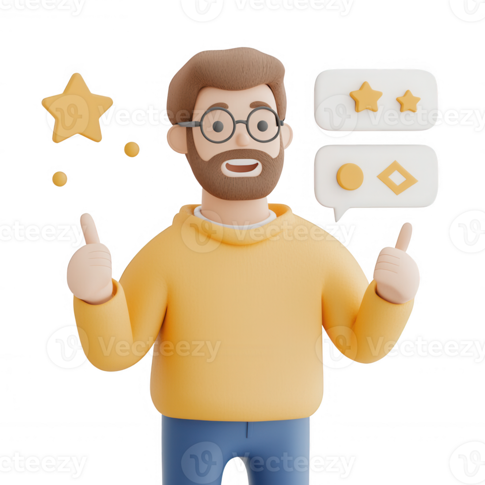 Friendly cartoon man giving thumbs up with stars and speech bubbles. png