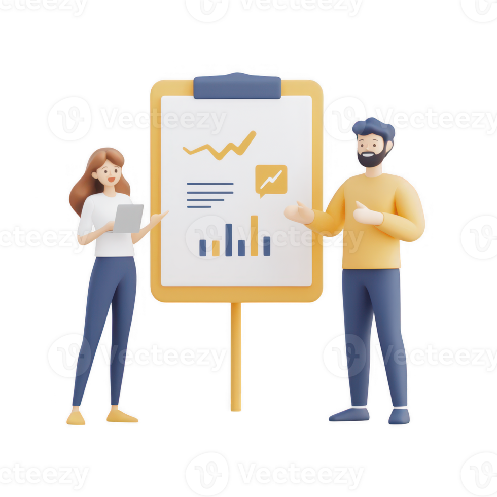 Illustration of two professionals discussing data and trends in a modern workspace. png