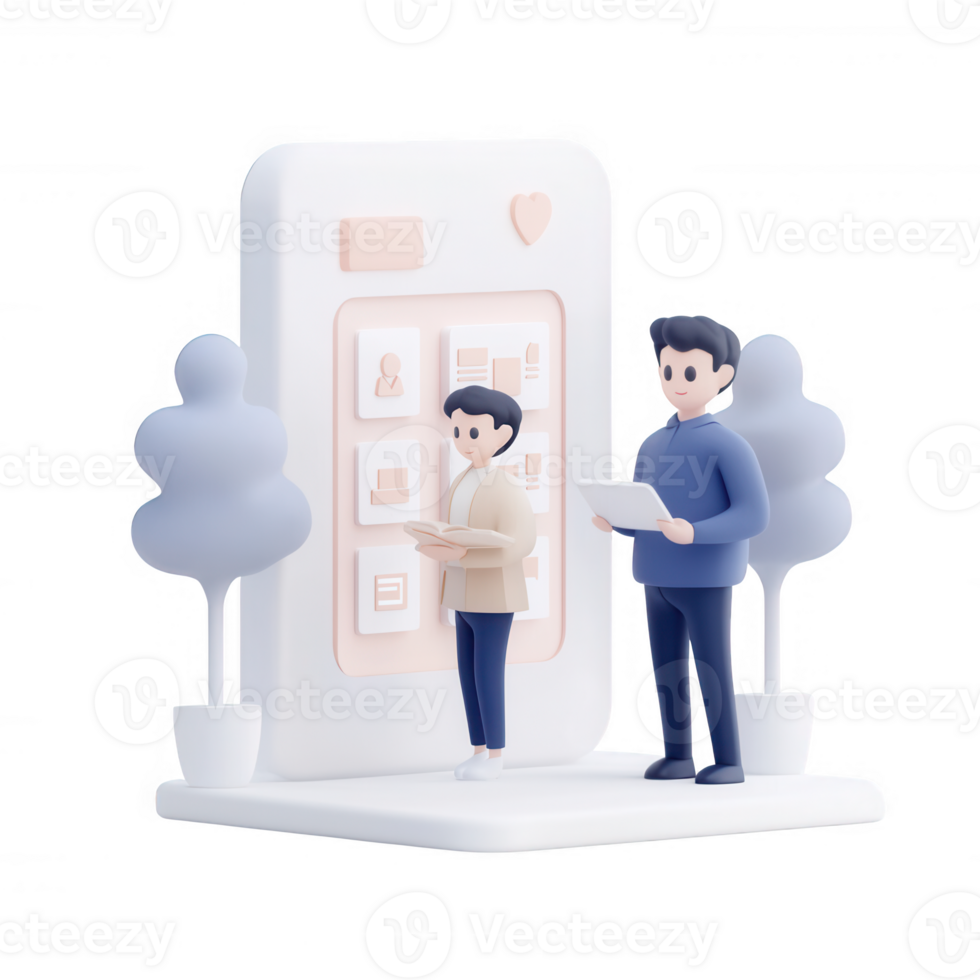 Due personaggi interagendo con un' mobile App nel un' minimalista digitale ambiente. png