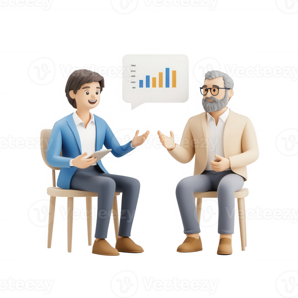 Two professionals discussing business trends in a modern setting. png