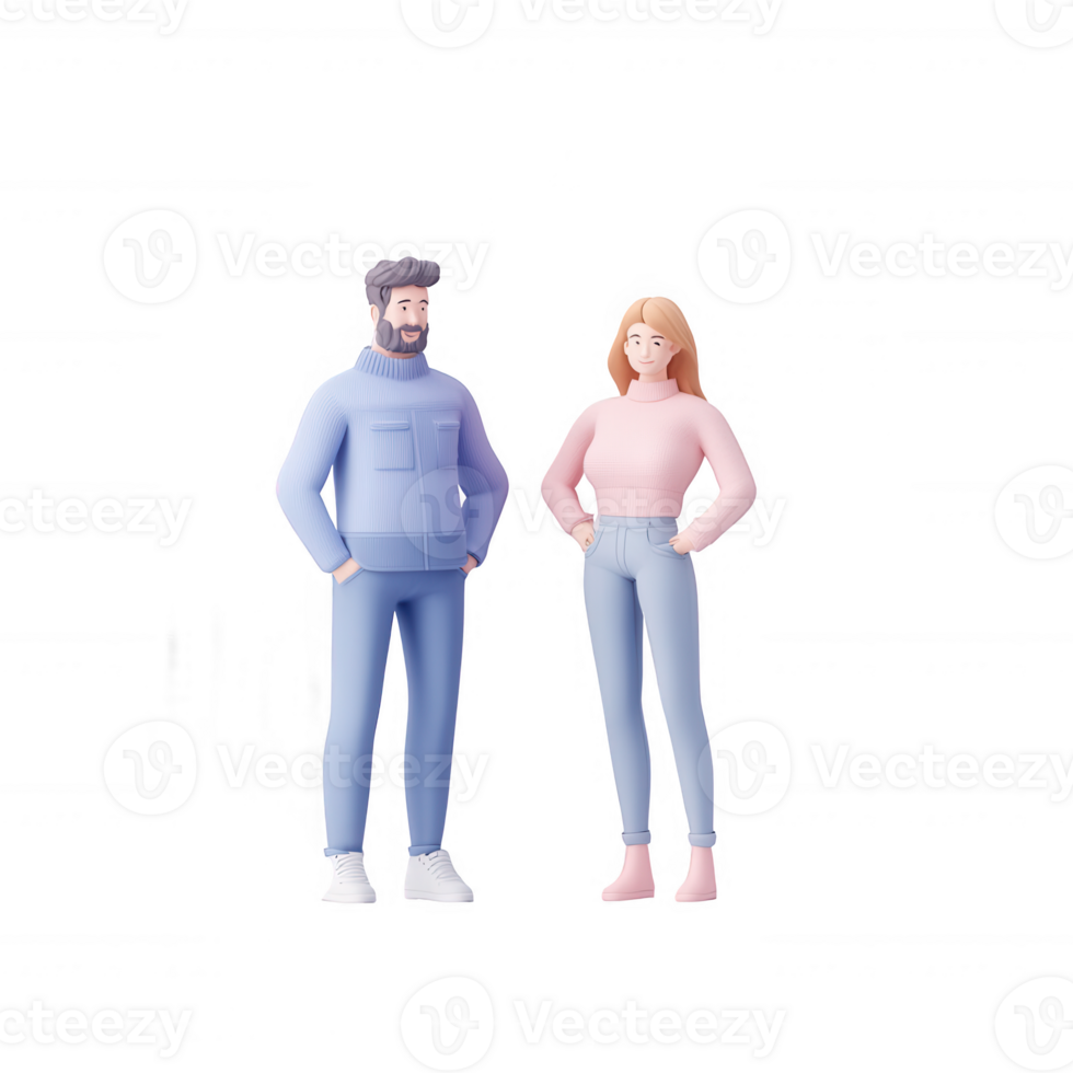Two stylized characters stand together in casual attire, showcasing modern lifestyle. png