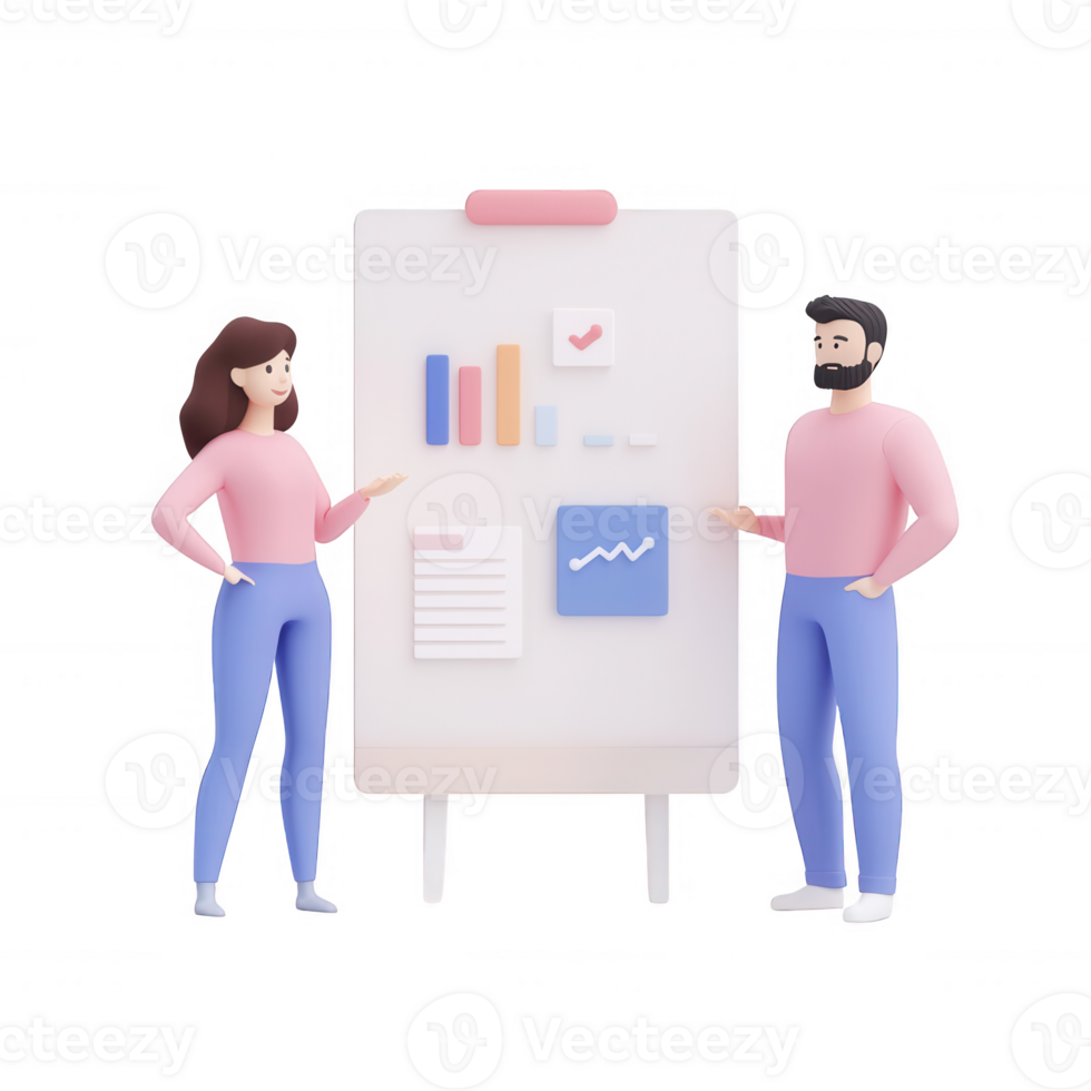 Two professionals presenting data on a presentation board in a modern office setting. png