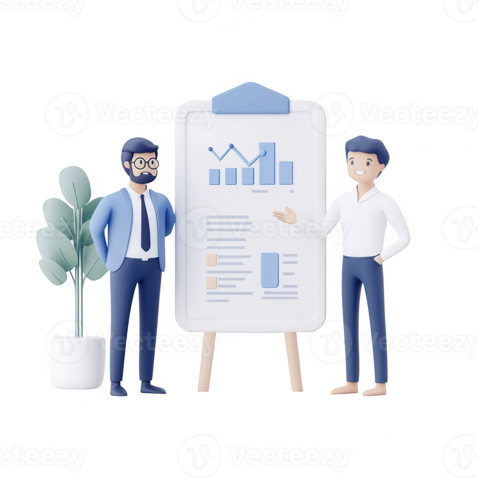 Two professionals discussing strategies with a presentation board. png