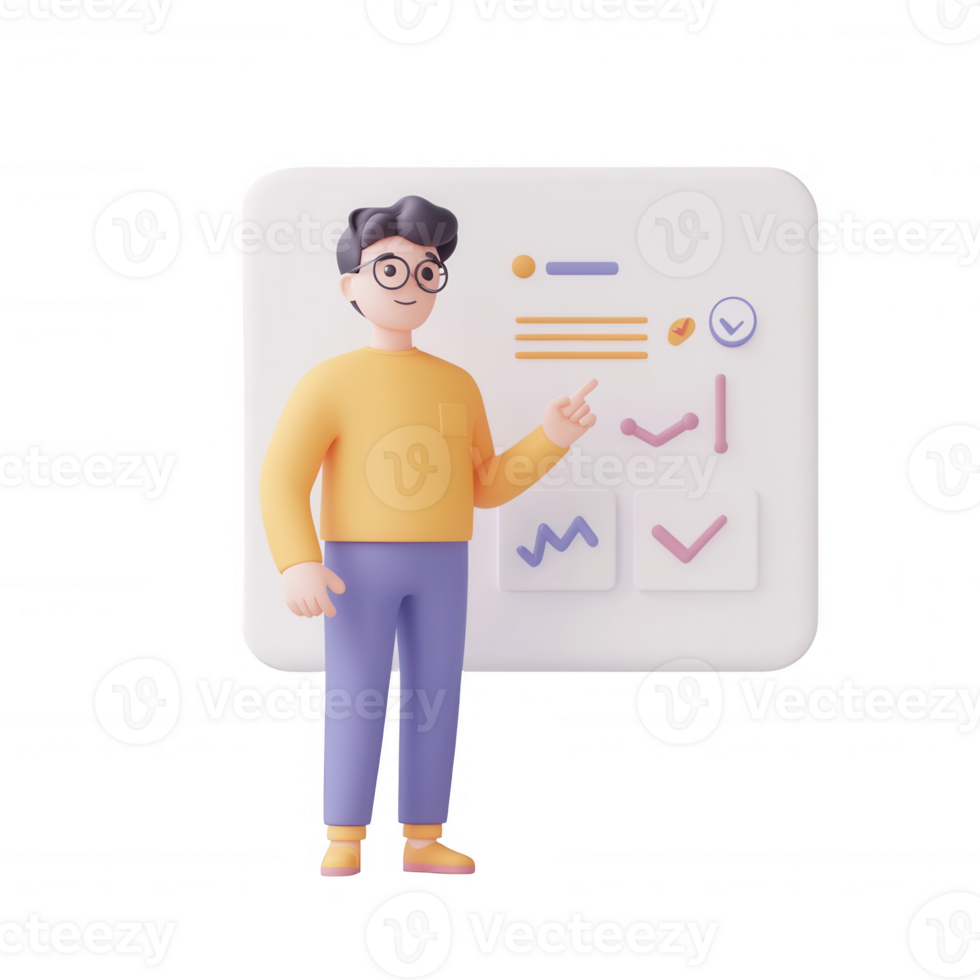 3D character presenting data analysis and graphs in a modern workspace. png