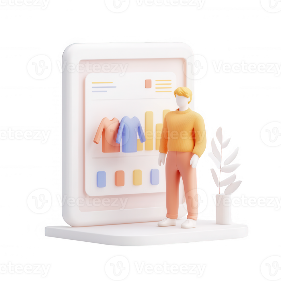 3D illustration of a man analyzing fashion trends on a digital screen. png