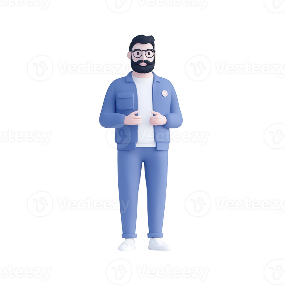 A 3D character model of a man in casual attire, standing confidently with hands together. png