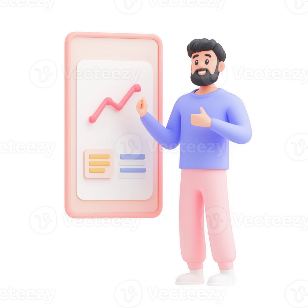 3D illustration of a man presenting a growth chart on a digital screen. png